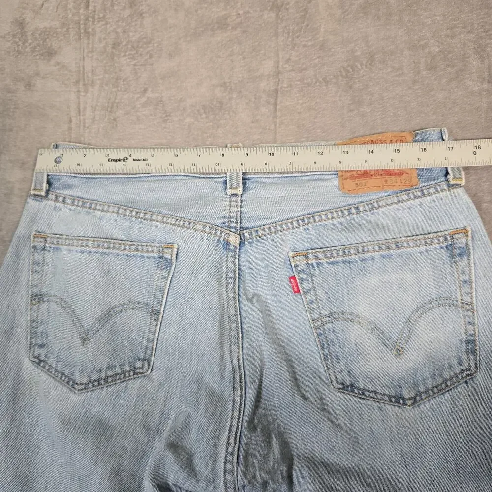 Levi’s 501 Jeans Mens 34x29 Light Wash Distressed Button Fly Straight Leg